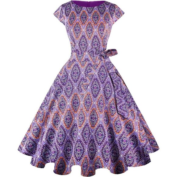 Dresses & Skirts - Women's 1950 Boatneck Cap Sleeve Vintage Swing Cocktail Party Dress with Pockets